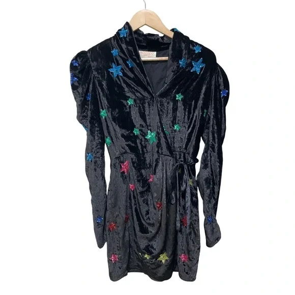 Rococo Sand Mini Dress in Black Velvet Embellished Rainbow‎ Sequin Stars Size XS - Picture 3 of 6